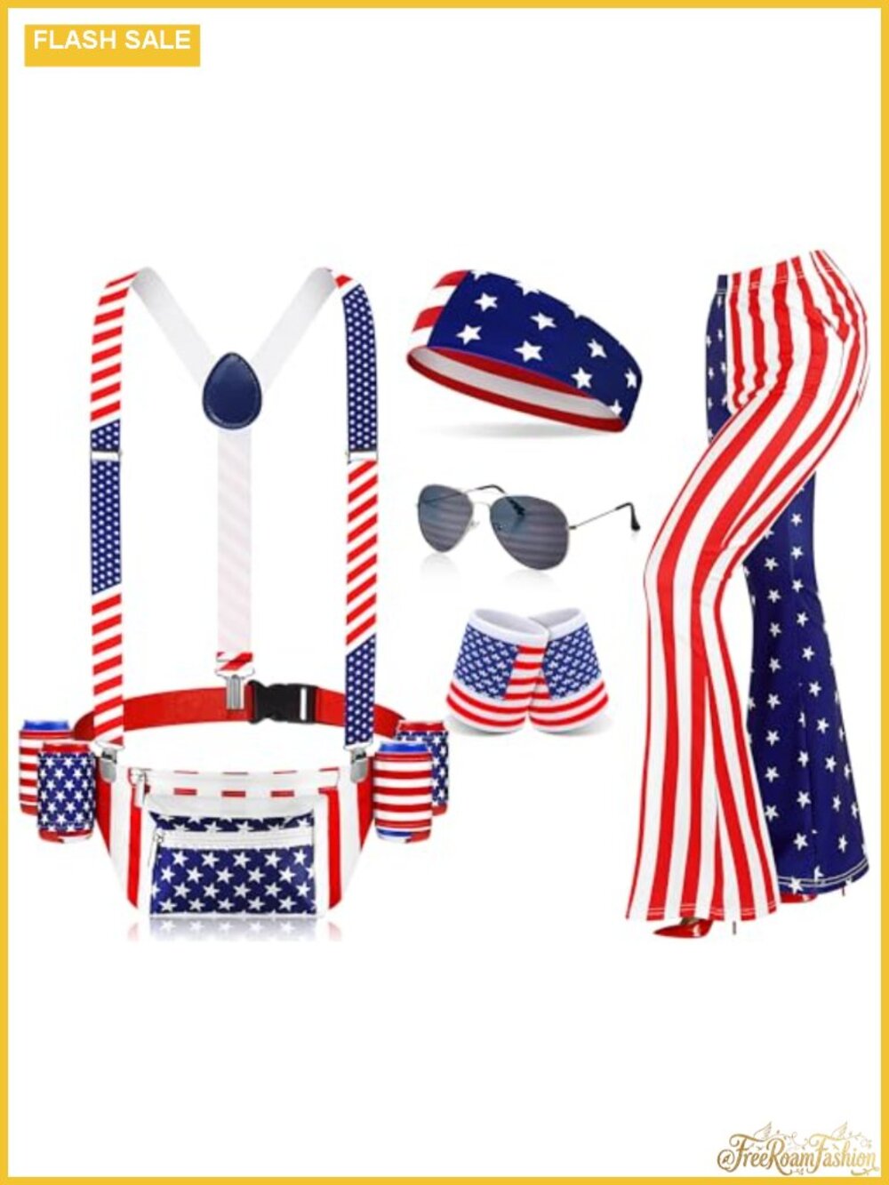 Patriotic Leggings Set with Fanny Pack Headband Glasses Suspenders XL